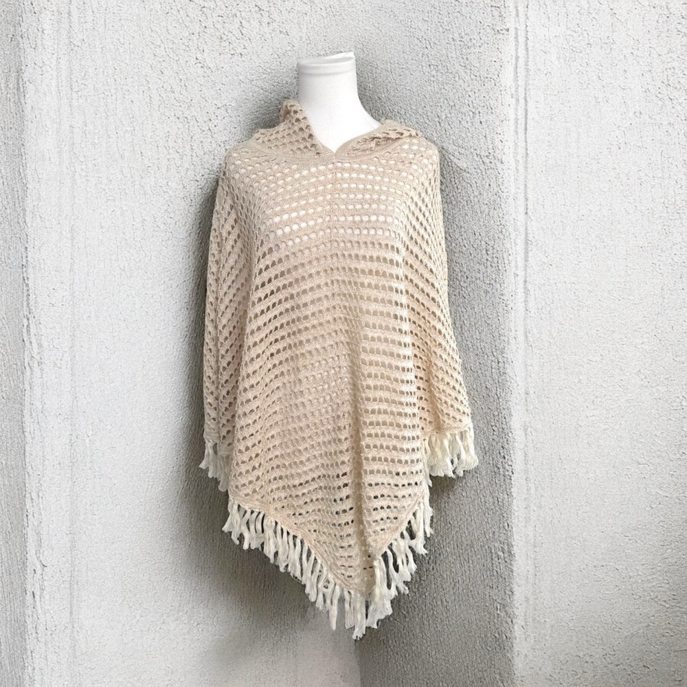 Aerie Cream Knit Poncho Sweater with Fringe oversized shimmer XS boho Beachy